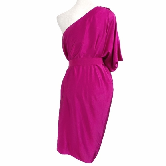 LANVIN 100% SILK FUCHSIA PINK ONE SLEEVE DRAPED BELTED COCKTAIL FORMAL DRESS - Picture 3 of 10